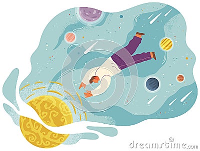 A man flying in space vector flat illustration with planets and stars cartoon cosmic scene Vector Illustration