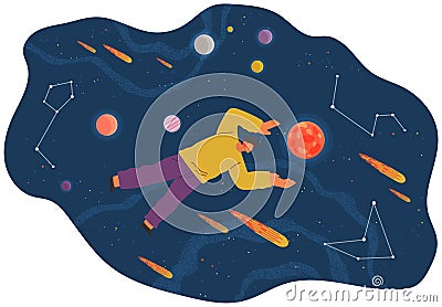 A man flying in space vector flat illustration with planets and stars cartoon cosmic scene Vector Illustration