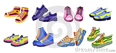 Man footwear. Sportswear or casual shoes. Sneakers with colorful soles. Women athletic collection. Hipster footgear Vector Illustration