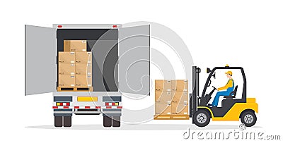 Man on forklift make loading to truck. Lorry on warehouse gets goods on pallet. Logistic illustration. Icon of lorry, fork lift, Vector Illustration