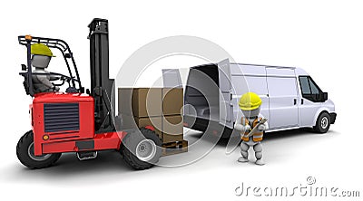 Man in forklift truck loading a van Stock Photo
