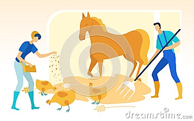 Man with Forks Cleans Stable. Woman Feeds Chicken. Vector Illustration