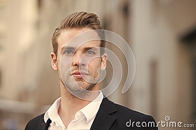 Man formal outfit businessman handsome well groomed urban background. Gentleman dressed professional attire mean serious Stock Photo