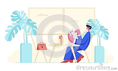 Man in Formal Suit Sitting in Cafe with Menu in Hands Making Order. Relaxing Male Character or Businessman Choose Food Vector Illustration