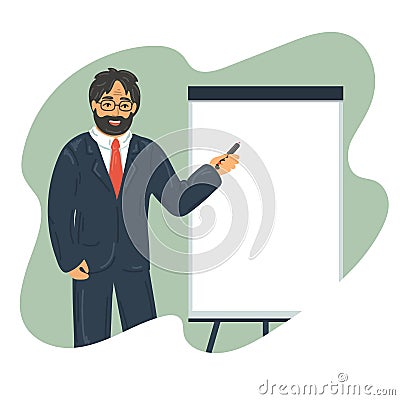 Man in formal suit writing on flipchart Vector Illustration