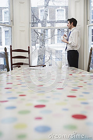 Man In Formals At Window In Dining Room Stock Photo