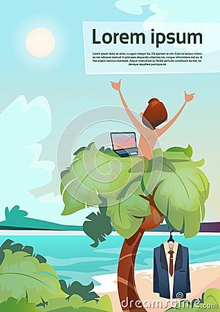 Man Freelance Remote Working Place Palm Tree Using Laptop Beach Summer Vacation Tropical View Vector Illustration