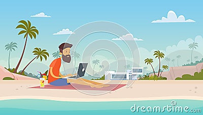 Man Freelance Remote Working Place Using Laptop Beach Summer Vacation Tropical Island Vector Illustration