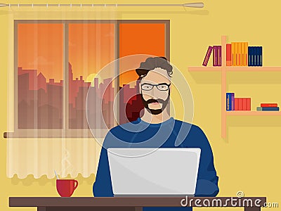 Man Freelancer designer hipster is working coding and programming on his laptop. Vector Illustration