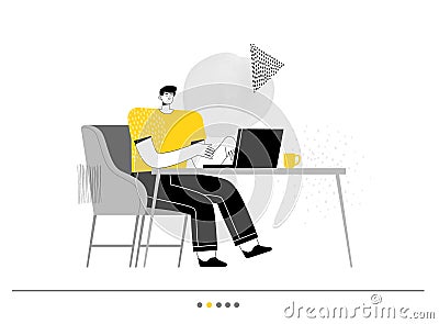 Man freelancer sits in the chair and working on a laptop. Business concept of office and productive work Vector Illustration