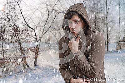 Man is freezing outside in cold winter Stock Photo