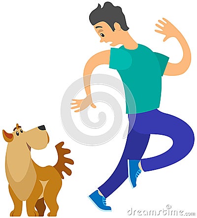 Man frightened by dog suffers from cynophobia, human fear concept. Person looking scared at animal Vector Illustration