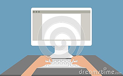 Man in front of a computer monitor in the workplace flat style Vector Illustration