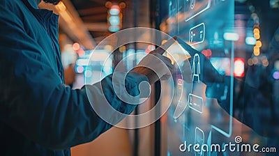 A man in front of a transparent touch screen with icons presses buttons. Internet of Things, information technology Stock Photo