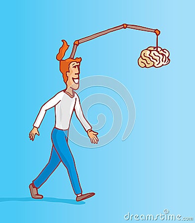 Man on full procrastination chasing his own brain Vector Illustration