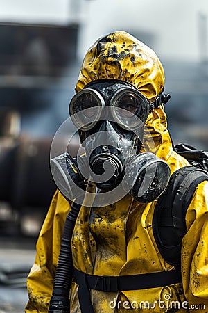 man in full protective suit wearing gas mask Stock Photo