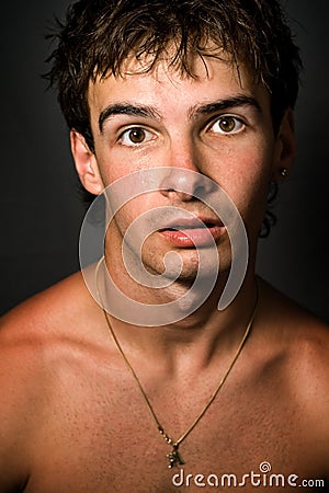 Man with funny surprised expression on face Stock Photo