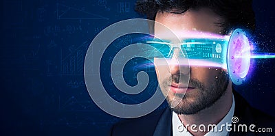 Man from future with high tech smartphone glasses Stock Photo