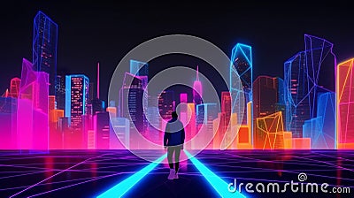 Man in future and modern skyscrapers. Concept of metaverse, virtual reality gaming, time traveling, cyber world or futuristic Stock Photo