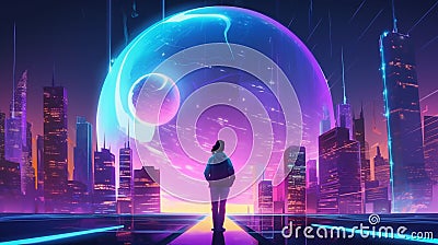 Man in the future and sphere of modern skyscrapers. Concept of metaverse, virtual reality gaming, time traveling, cyber world or Stock Photo