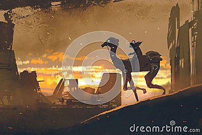 Man on futuristic camel running in apocalypse city Cartoon Illustration