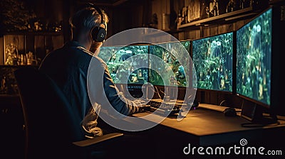 man in a game developer immersed in the creative process, surrounded by computer screens and gaming consoles, AI-Generated Stock Photo