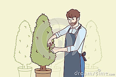 Man gardener cuts excess branches from trees growing in pots and care of plants. Vector Illustration