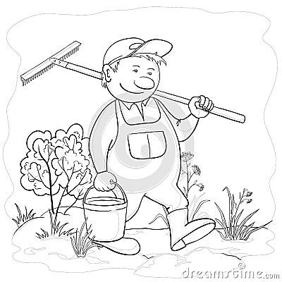 Man gardener in a garden, contours Vector Illustration