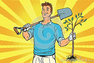 Man gardener with a shovel and sapling Vector Illustration