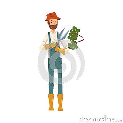 Man Gardener Trimming Tree Branches with Pruner, Cheerful Male Farmer Character in veralls Working at Garden or Farm Vector Illustration