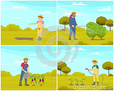 Man gardener watering plants vegetables, female farmer sowing seeds, seasonal farm work scenes set Vector Illustration