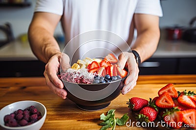 man garnishing his homemade acai bowl Stock Photo