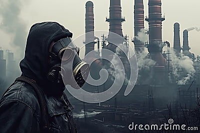 A man in a gas mask in front of smoking factory. Stock Photo