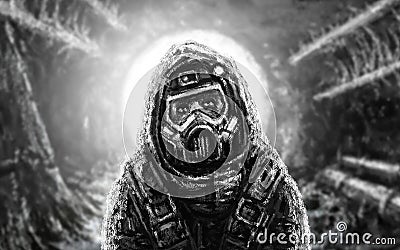 Man in gas mask. Infection area. Stock Photo