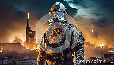 a man in a gas mask in an infested city Stock Photo