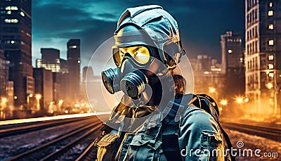 a man in a gas mask in an infested city Stock Photo