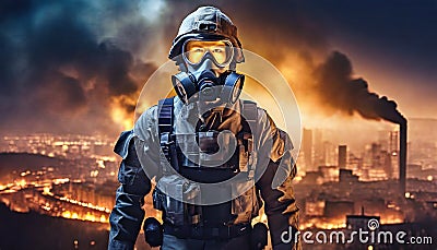 a man in a gas mask in an infested city Stock Photo