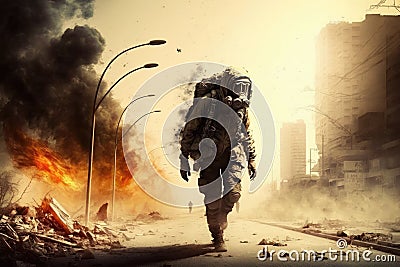 Man with gas mask and oxygen tank running from dust storm with fire, environmental disaster, warming and drought Stock Photo