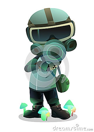 Man in gas mask stands among radiation glowing mushrooms. Character in chemical protection against radioactive dust Vector Illustration