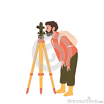 Man geologist cartoon character taking measures with theodolite isolated on white background Vector Illustration