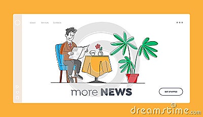 Man Get Information from Paper Publishing Landing Page Template. Male Character Reading Morning Newspaper Vector Illustration