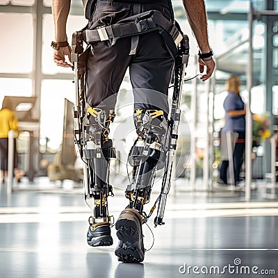 Man getting physical therapy on a robot machine to recover movement on her legs at the hospital,AI generated Stock Photo