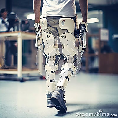 Man getting physical therapy on a robot machine to recover movement on her legs at the hospital,AI generated Stock Photo