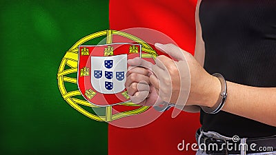 A man getting under arrest in Portugal. Concept of being handcuffed, detained, incarcerated and jailed in said country. National Stock Photo