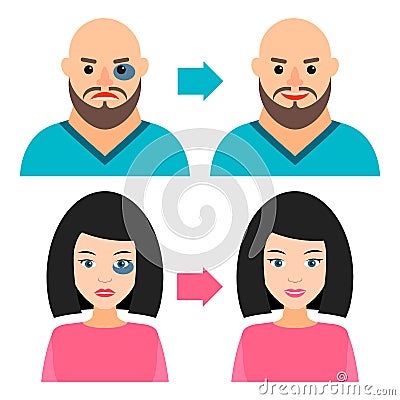 Man and girl with a bruise or without. Before and after. Cartoon Illustration