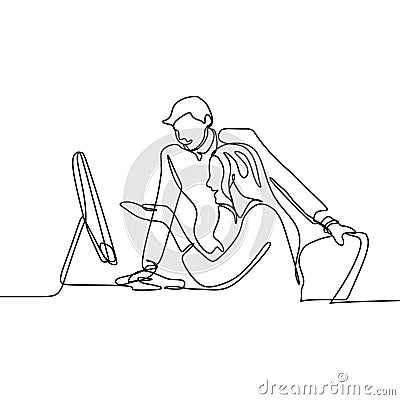 Man and girl doing work and discussion for project with a computer. One continuous line drawing illustration of two person Cartoon Illustration