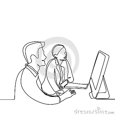 Man and girl doing work and discussion for project with a computer. One continuous line drawing vector illustration of two person Vector Illustration