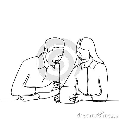 Man and girl doing work and discussion for project. One continuous line drawing illustration of two person in office for Cartoon Illustration