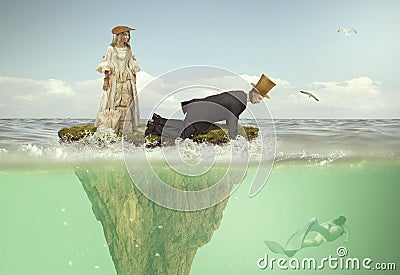 A man and a girl in grotesque Victorian clothes on a fairy island in the middle of the sea. Stock Photo