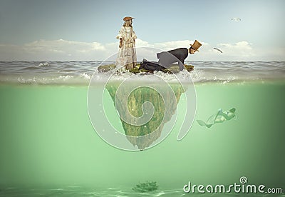 A man and a girl in grotesque Victorian clothes on a fairy island in the middle of the sea. Stock Photo